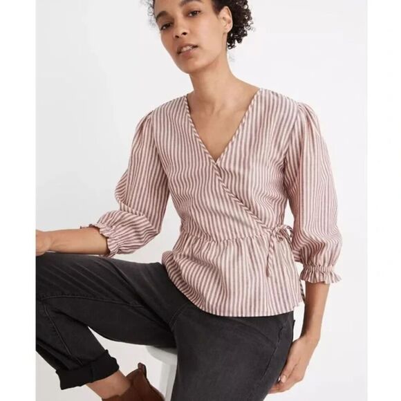 Madewell Dusty Pink w/Grey Stripes Cotton Tie Wrap Blouse size Large - Picture 1 of 6